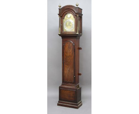 MAHOGANY LONGCASE CLOCK, the brass dial with 10" silvered chapter ring beneath an arch inscribed Edmd Whitehead, Wetherby, on