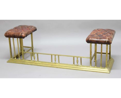 BRASS AND LEATHER UPHOLSTERED CLUB FENDER, with red, button seats, height 56c,, width 150cm , depth 43cm
