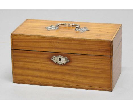 EARLY VICTORIAN SATINWOOD AND SILVER MOUNTED TEA CADDY, with an adapted twin canister interior, the silver hallmarked 1839, h