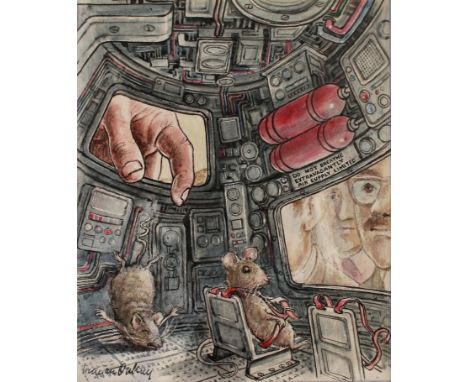 •GRAHAM OAKLEY (b.1929) "FINALLY THE MICE WERE POPPED INTO THE LUNAR CAPSULE" (from `THE CHURCH MICE AND THE MOON`) Signed, w