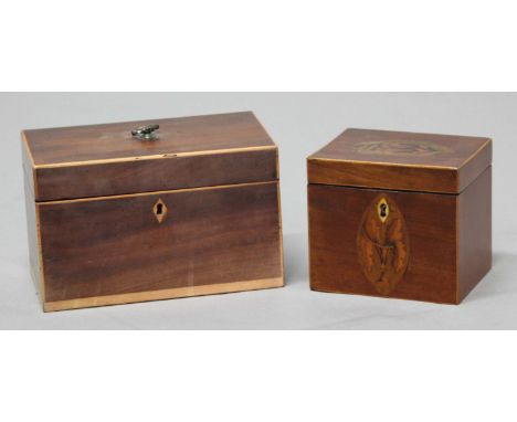 REGENCY MAHOGANY AND SATINWOOD TEA CADDY, with twin canister interior, width 19cm; together with another inlaid with a shell 