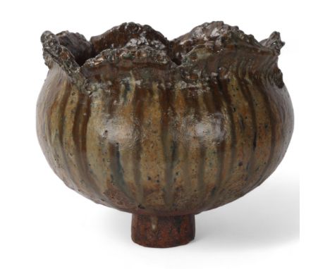 BETTY MILLER, a large 1970s' Brutalist ceramic vessel, poppy head form, with running green/brown glazes, unsigned, height 30c