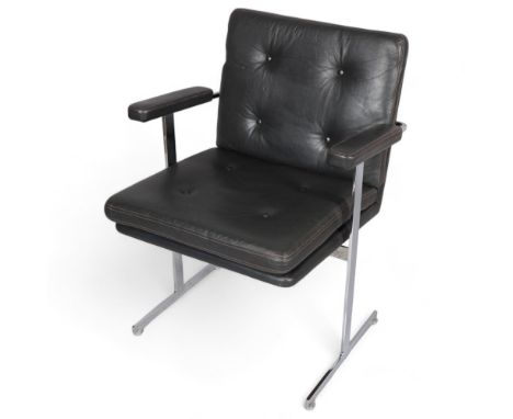 ROBIN DAY, a mid-century Hille Delphi leather and chrome armchair or desk chair on T shaped legs, with maker’s labels. This m