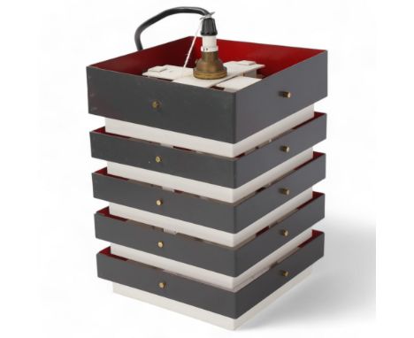 A 1960s' Falks Lighting Ltd square section steel lampshade, grey/white powder coated exterior and red interior, with original