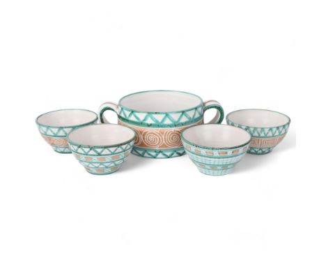 ROBERT PICAULT (1919-2000), Vallauris, France, a large twin handled studio ceramic earthenware bowl and 4 smaller bowls, sign