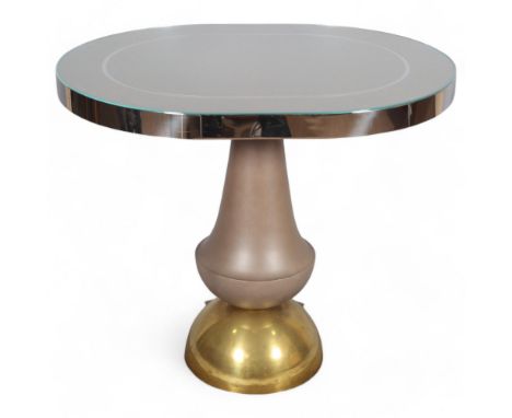 A contemporary high end Art Deco design chrome banded table with decanter shaped pedestal stem on brass dome in the manner of