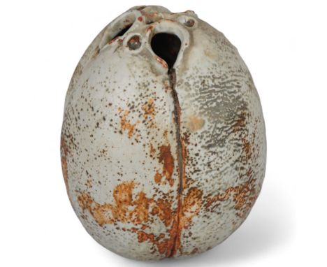 ALAN WALLWORK (1931-2019), a small stoneware seed pod form vessel with iron staining, incised AW mark, height 12cm.Good condi