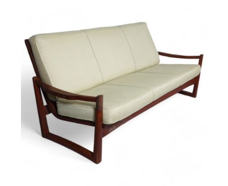 A mid 20th century teak framed 3 seat sofa, re-upholstered in light green herringbone wool fabric, no makers mark, length 180