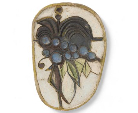 A 1950s' Brutalist ceramic plaque, with grapevive decoration, signed verso dated '58, length 43cm