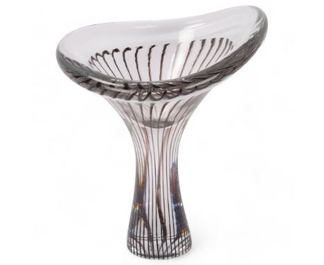 VICKE LINDSTRAND for Kosta, a trumpet shaped glass vase in the form of a chantarelle mushroom, with dark brown striped decora