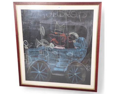 VAL BIRO, a large black and white chalk drawing of the car, Gumdrop, as featured in Biro’s childrens’ book , signed, image 98