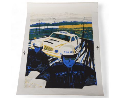 A 20th century lithograph Z cars police scene, 66 x 46cm, unframedImage in good condition, some marks, and 2 holes in border