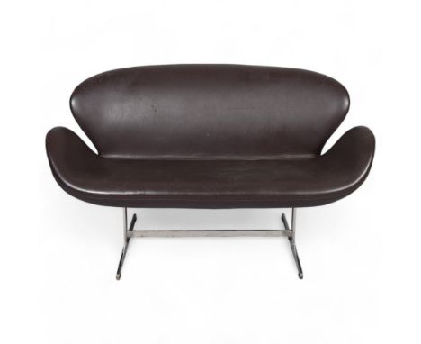 A brown faux leather unholstered Swan sofa, in the manner of ARNE JACOBSEN, with polished aluminium frame, no makers marks, h
