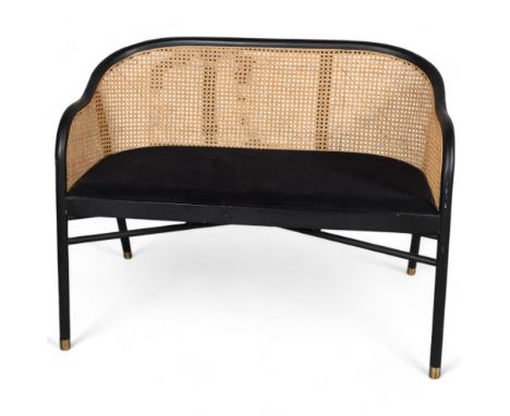 An ebonised bentwood sofa, with caned back and brass feet, in the manner of Thonet,  L103cmGood condition