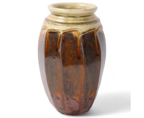 RICHARD BATTERHAM (1936-2021), a cut sided vase with running tenmoku and green ash glazes, height 29cmProvenance - purchased 