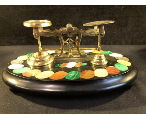 A good set of Victorian Ashbourne slate and marble postal scales, the brass scales and 6 weights engraved with foliate motifs