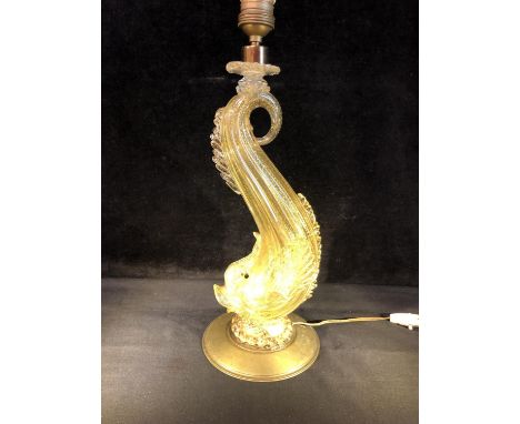 Barovier &amp; Toso - A Venetian glass dolphin form table lamp, colourless with gold fleck inclusions on a circular brass bas