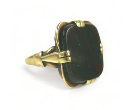 A 14ct 585 yellow gold bloodstone signet ring, size P, weight  6.8 grams, head 19mm by 17mm.Some signs of wear but reasonably