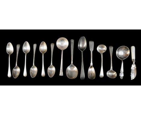 A group of silver spoons, comprising six silver teaspoons, BG &Co Birmingham 1932, plus silver ended fish knife with mother o