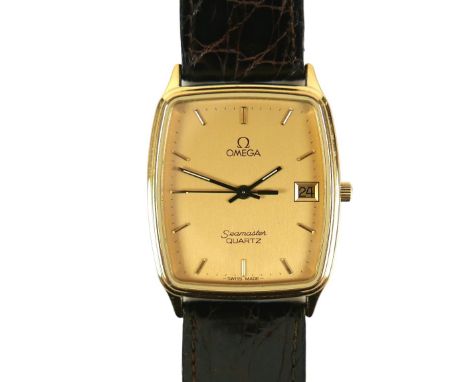 A vintage Omega Seamaster Quartz gold plated gentleman's wristwatch, circa 1980s, rounded rectangular gold dial with batons, 