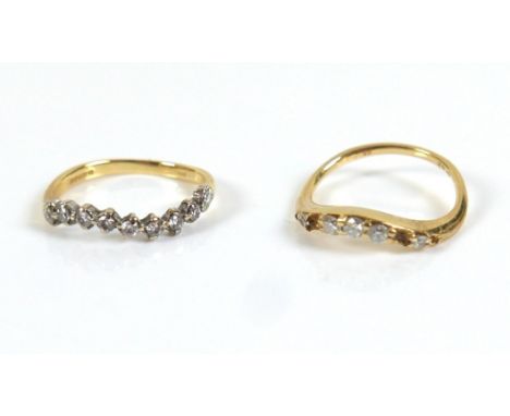 Two 18ct yellow gold rings, one with serpentine design set with nine diamonds, each 2.0mm, size M/N, 2.3g, the other with bum