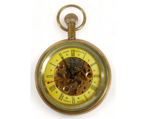 A Jaeger LeCoultre open-faced skeleton pocket watch, with gilt metal case, Roman numeral dial.Not working, adjusts but does n