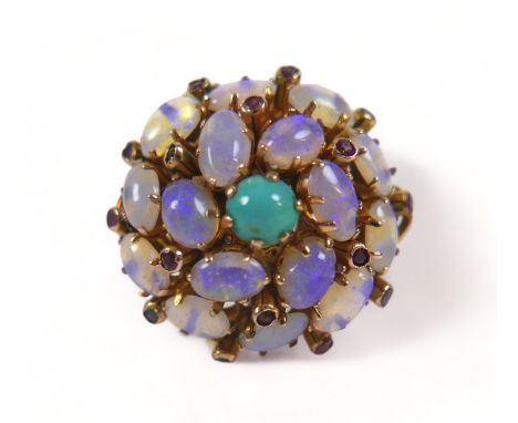 A 14ct yellow gold opal, turquoise and garnet cluster ring, size O, 6.2 grams.Overall good condition. 