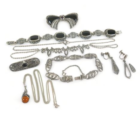 A silver chain with an amber cabochon pendent plus miscellaneous marcasite vintage jewellery, to include ruby and marcasite s