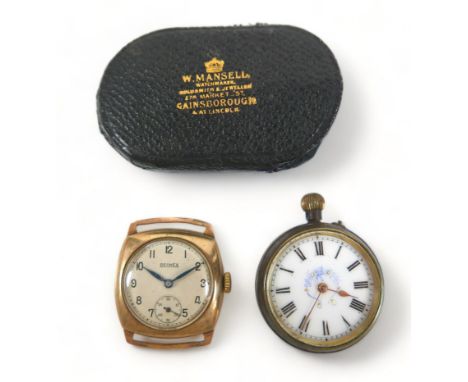 A 9ct yellow gold manual wind BERNEX watch head 30mm case, 15.8 gram gross weight and a base metal pocket watch with enamel d