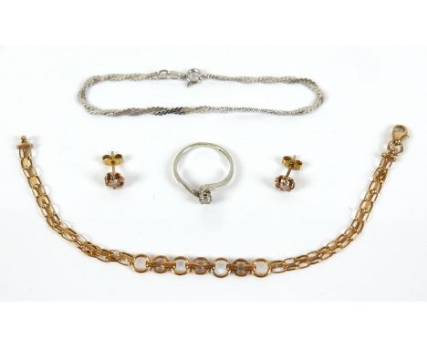 A group of 9ct gold jewellery, comprising a 9ct gold chain bracelet, 3.9g. 18cm long, a pair of earrings with single round cu