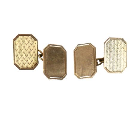A pair of vintage 9ct gold cufflinks, of canted rectangular form with engraved decoration, chain links, maker JHW, Birmingham