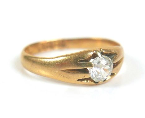 An 18ct yellow gold and diamond solitaire gypsy ring, the round brilliant cut stone, 0.36ct, 4.5 by 3.0mm, in open eight claw