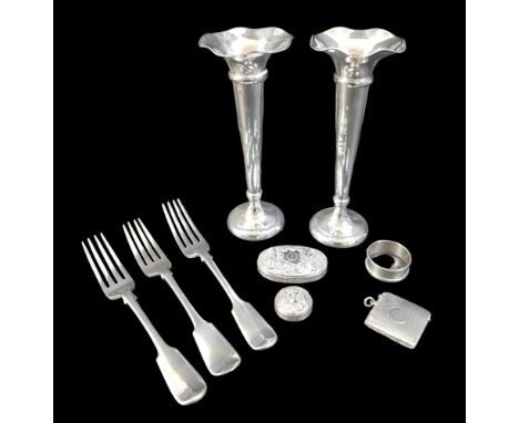 Six pieces of silver ware and three silver plated forks, to include two bottle tops, a napkin ring and a vesta weighable silv