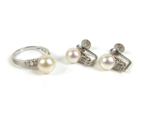 A 14ct white gold, diamond and pearl ring, size L/M, and a pair of near matching earrings, pearls 9 and 8mm diameter, total w