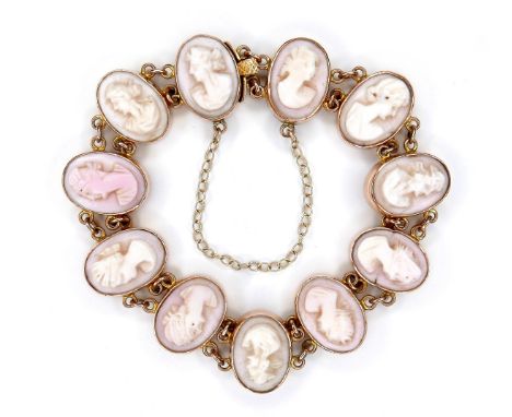 A 9ct yellow gold cameo bracelet, formed of eleven ovals with carved portrait profiles, each 10 by 10mm, joined by twin loops