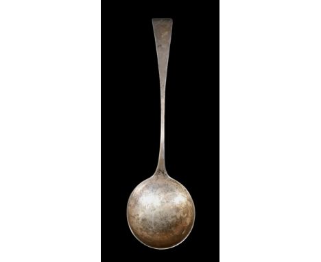 A George III Late 18th century Scottish provincial silver soup ladle, with makers marks I.S and ABD, 34cm long, 5.8toz.