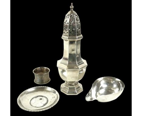 A group of four silver items, comprising a George V silver sugar shaker, H W Plate Manufacturing Co, Birmingham 1928, 20cm hi