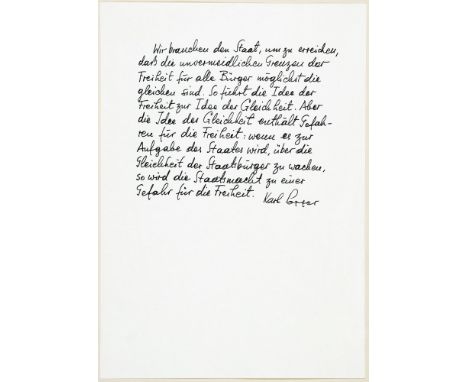 Karl Popper. Zwei eigenhändige Textzitate, beide mit Unterschrift. London 1987 und [1992]. Zwei Seiten. Der Philosoph Karl Po