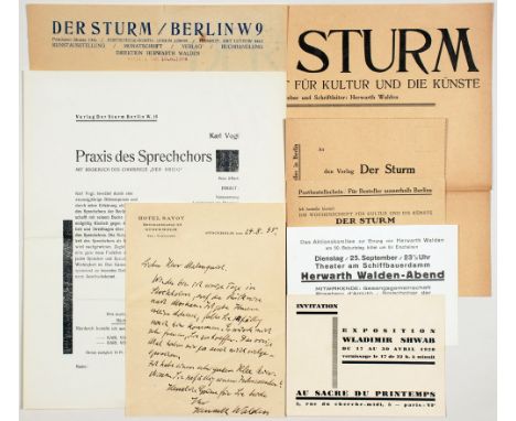Der Sturm. Sechs Werbesachen und zwei Briefe. Frühes Werbeplakat für die Zeitschrift. 26 : 27,5 cm. Beidseitig bedruckt mit P