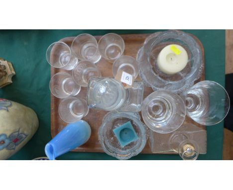 Etched glass set of whisky decanter with golfball stopper and 7 matching glasses, pair of etched glass wine goblets etc