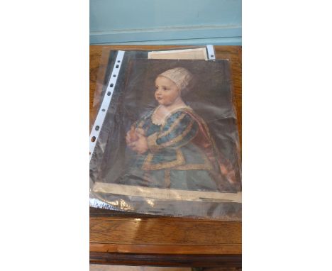 Tin of old paints, signed rectangular panel of sailing boats and a copy of Van Dyck's " A Stuart Baby"