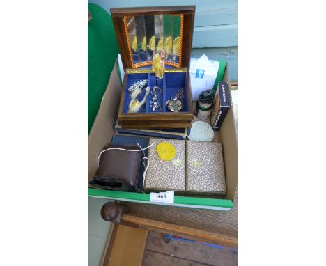 Collectors lot including jewellery box and contents of dress jewellery, cigarette and playing cards, loose stamps, travel clo