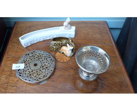 Pierced plated sugar basin, teapot stand and 2 Sylvac rabbit and fawn posy vases