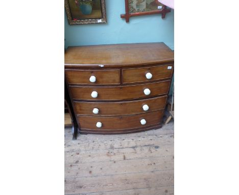 19th century mahogany bow fronted chest of 2 short and 3 long graduated drawers each with white pot bobbin handles (40" x 17 