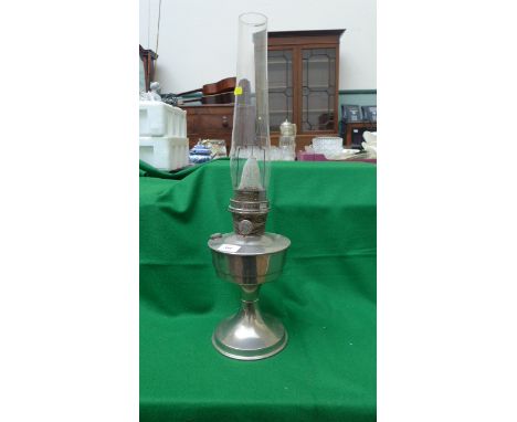 Plated oil lamp with tall glass shade