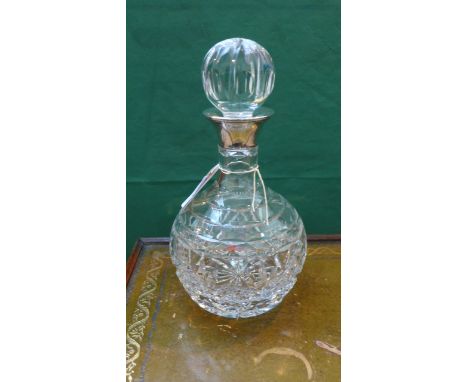 Fine cut glass onion shaped port decanter with silver collar, presentation text Sheffield 1992