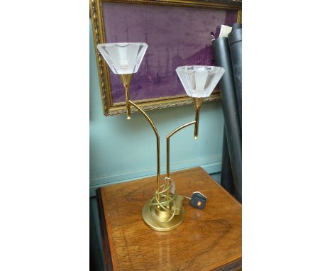 Modern two arm brass table lamp each with part clouded glass upturned shade