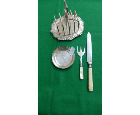 Circular silver plated golf tournament prize card dish, 4cpt. plated toast rack on stand, bone handled bread knife and a moth