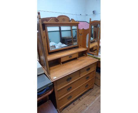 Ornate satinwood dressing table fitted central and 2 wing mirrors and trinket drawer, lower portion fitted 2 short and 2 long