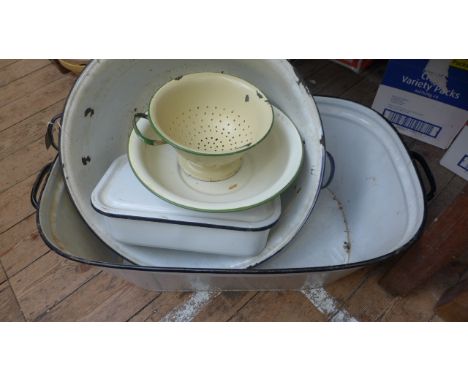 Selection of enamel ware including a double handled bath, large bowl, colander etc.